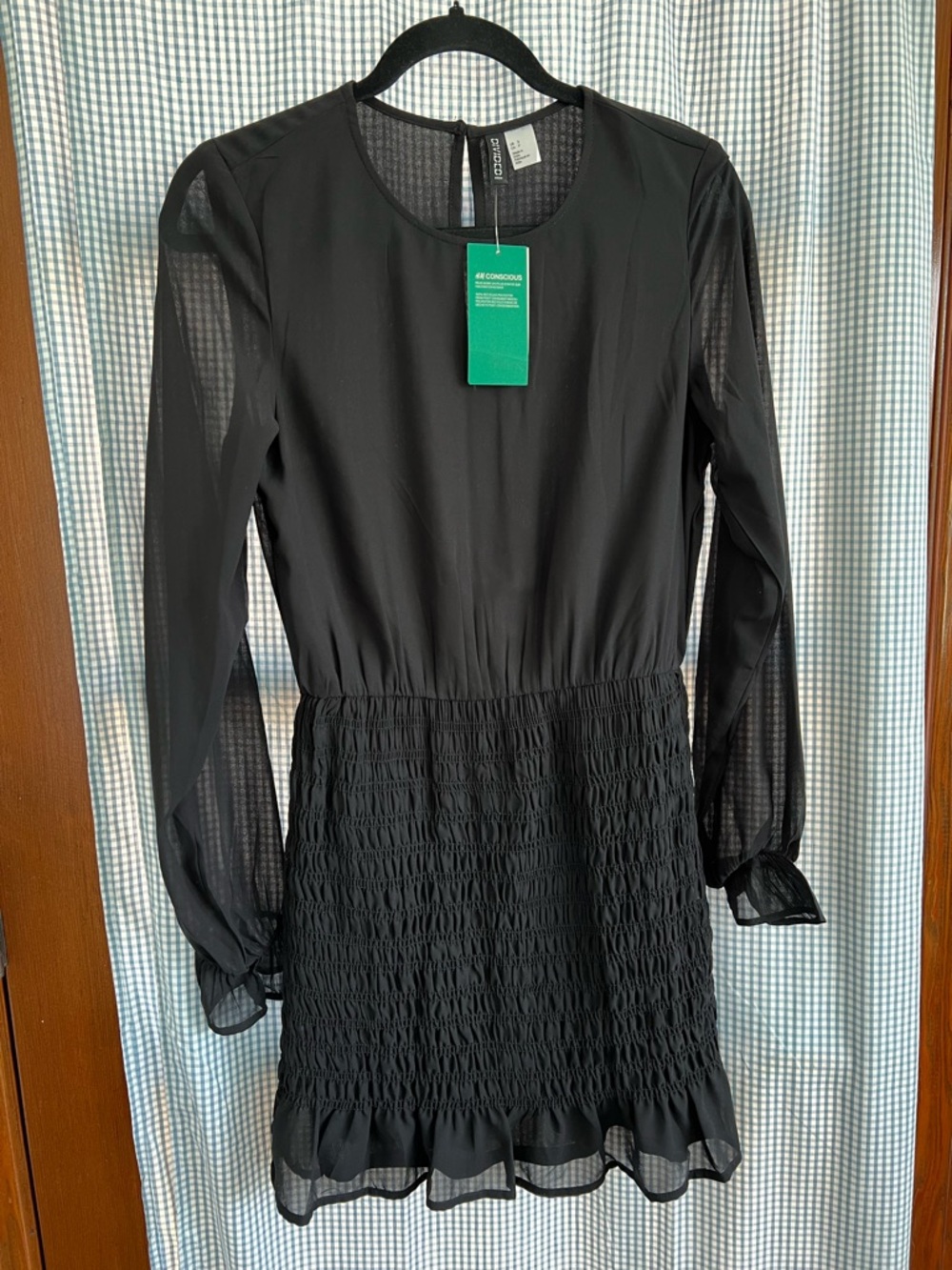 H&M Black Long-Sleeve Smocked Waist Mini Dress